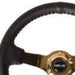 NRG Reinforced Steering Wheel (3in Deep / 4mm) 350mm Blk Leather w/Red BBall Stitch & Gold Spoke